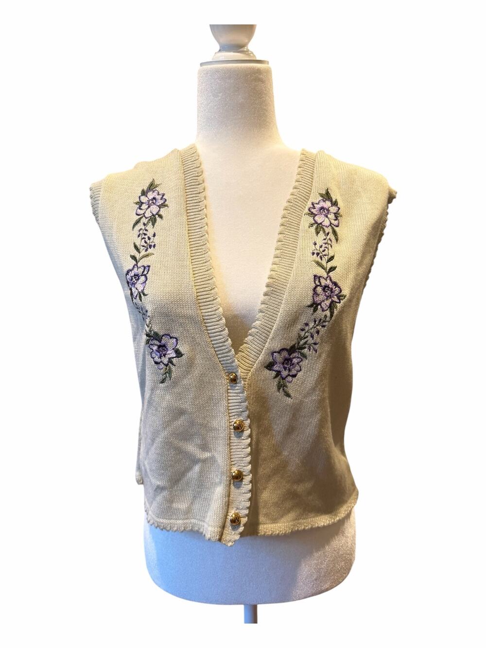 Vintage Leslie Fay Woolite Vest M Cream Embroidered Floral Made USA Teacher